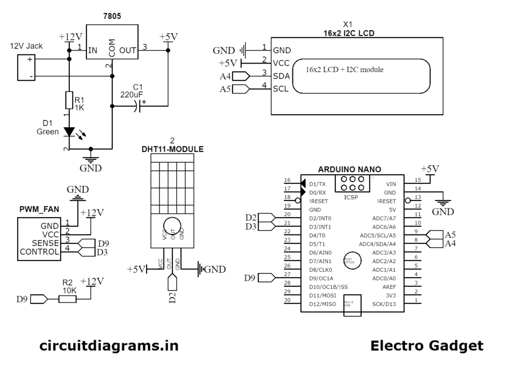 How to Make Temperature Controlled PWM Fan Controller Using Arduino & DHT11 Sensor Temperature Controlled PWM Fan Controller Circuit Schematic