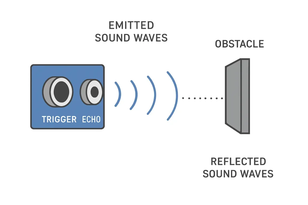 Build An Obstacle Avoiding Robot Using Arduino & L298N Motor Driver Diagram of ultrasonic sensor emitting waves, reflecting off an obstacle, and receiving the echo
