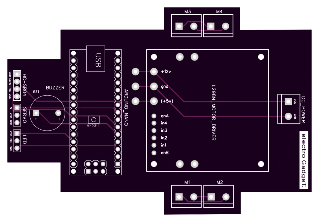 Build An Obstacle Avoiding Robot Using Arduino & L298N Motor Driver Obstacle Avoiding Robot PCB View