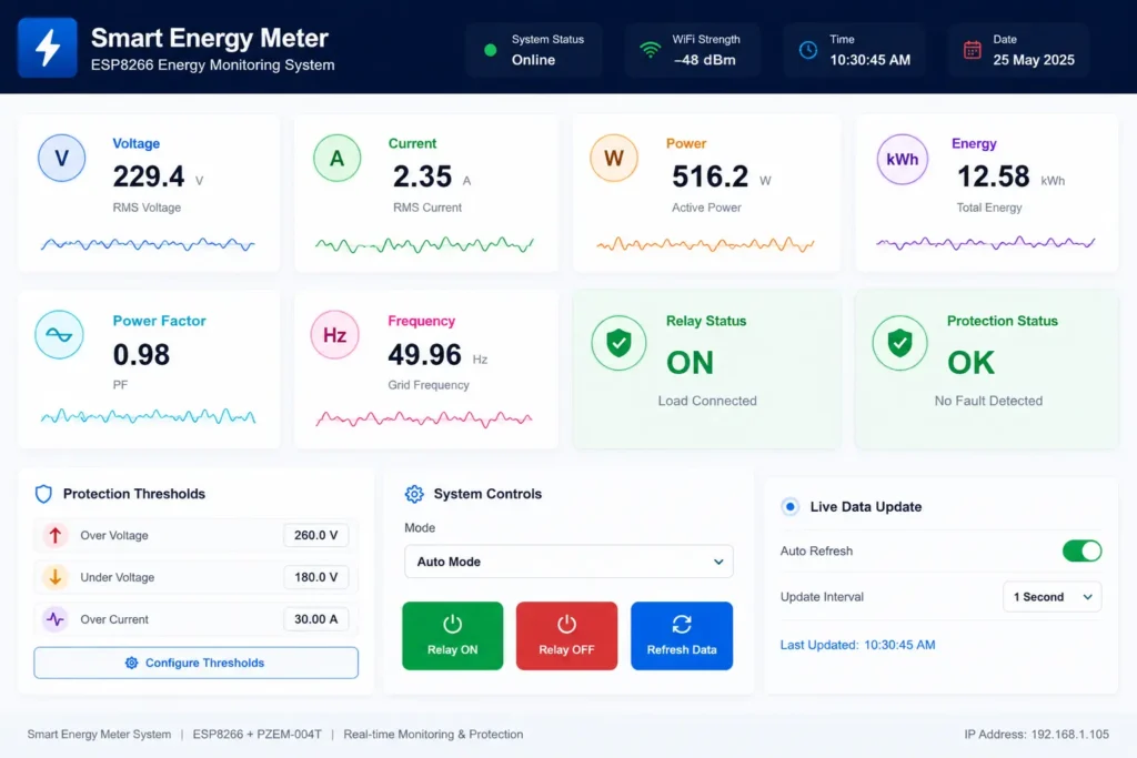 IoT Energy Meter With Protections Using PZEM-004T Source Code With Project Report Demo Dashboard