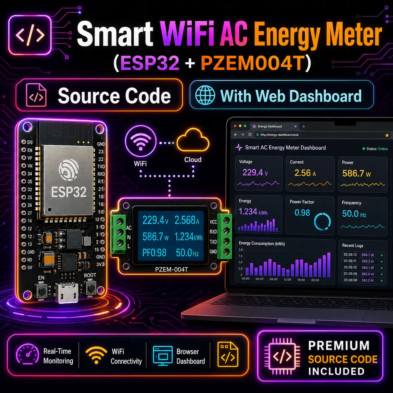 Simple WiFi AC Energy Meter (ESP32 + PZEM004T) Source Code Smart WiFi AC Energy Meter (ESP32 + PZEM004T) Source Code