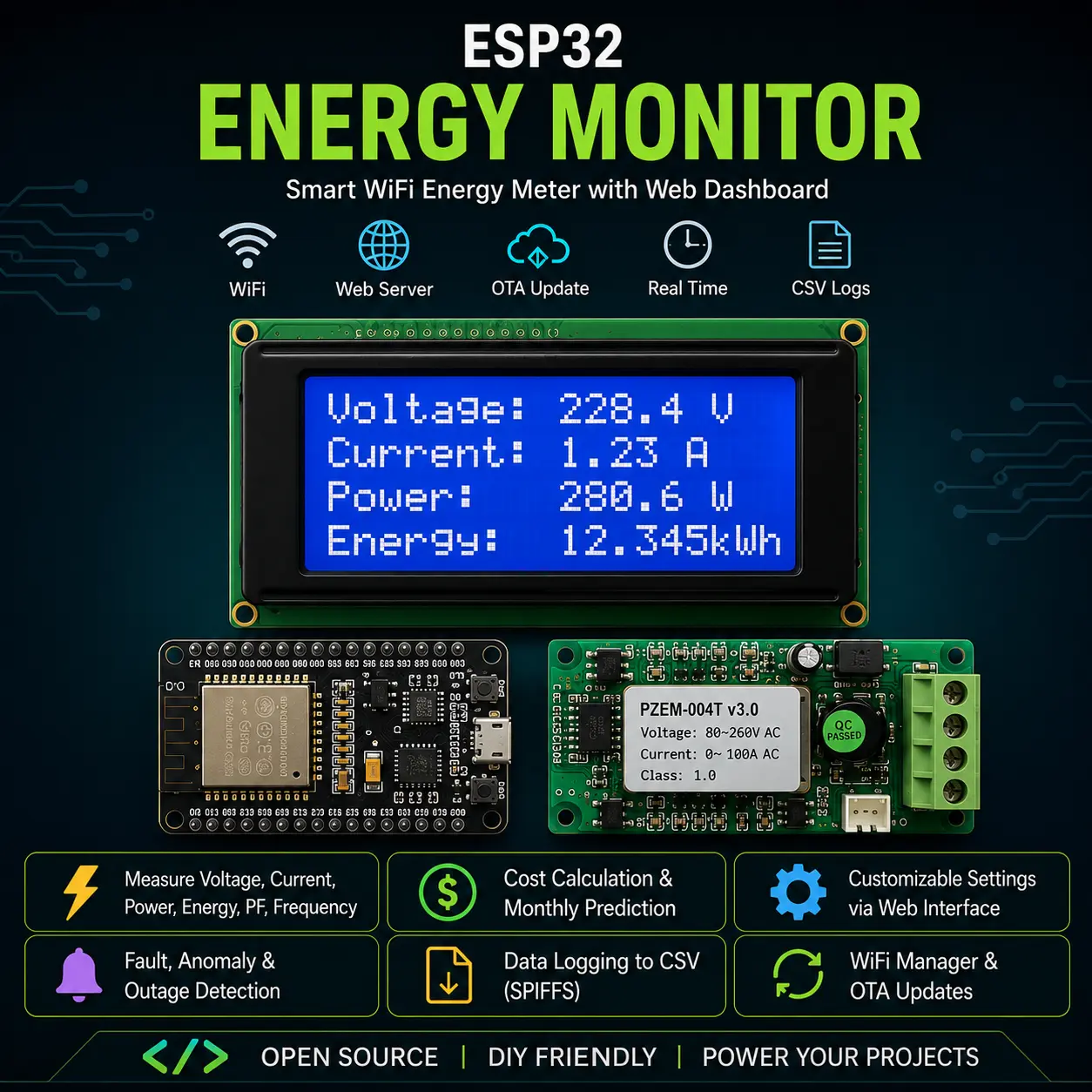 Advanced Smart Energy Meter Source Code with Web Dashboard & CSV Logging
