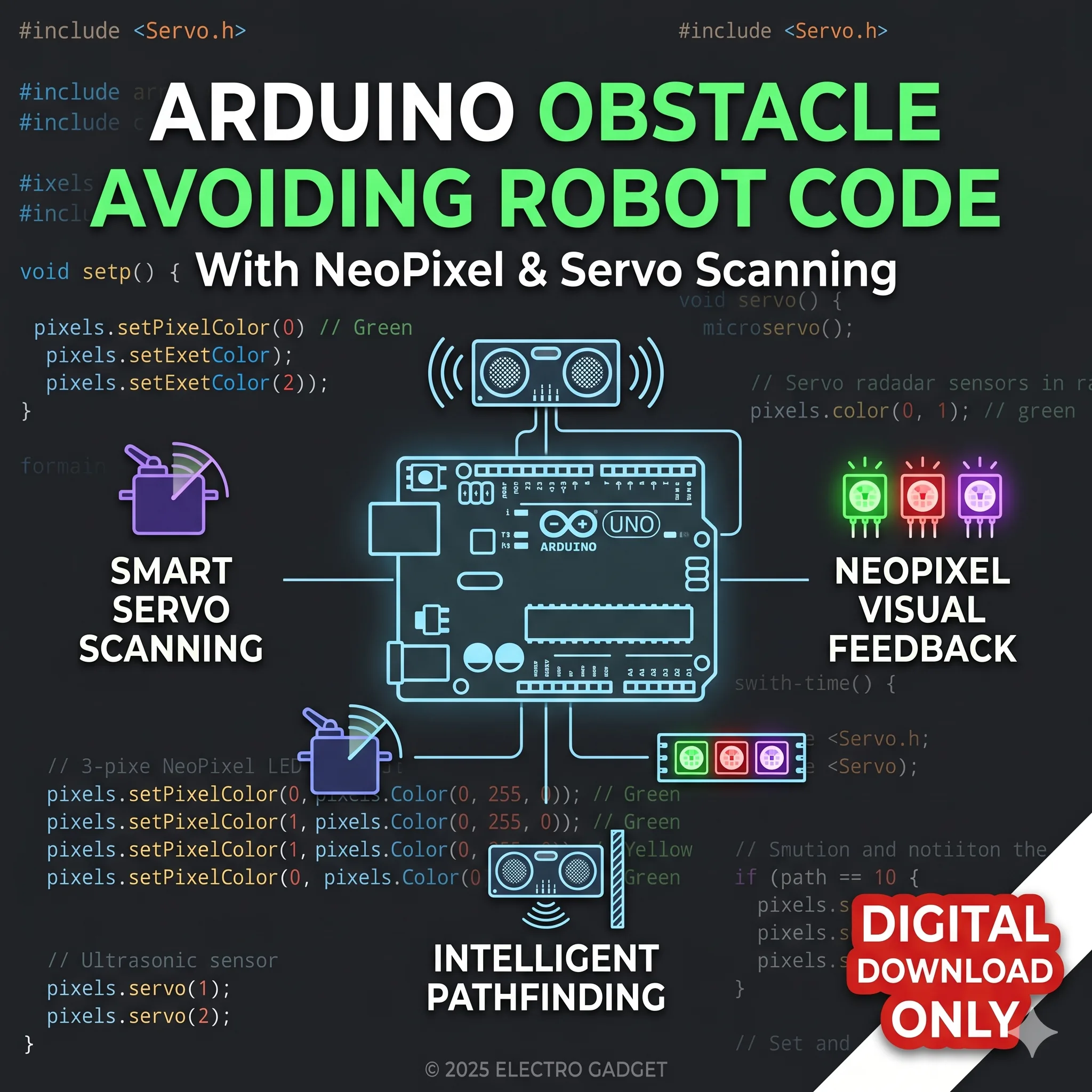 Arduino Obstacle Avoiding Robot Code with NeoPixel & Servo Scanning