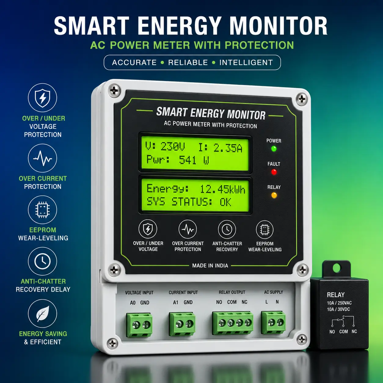 Arduino AC Power Meter with LCD Display & Automatic Voltage Protection
